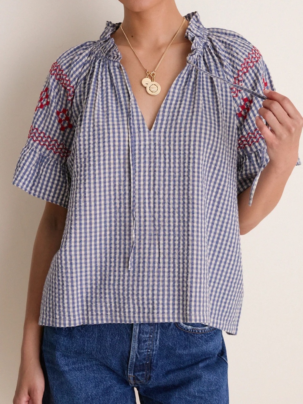 Tuckernuck NWT Gingham Embroidered Blouse